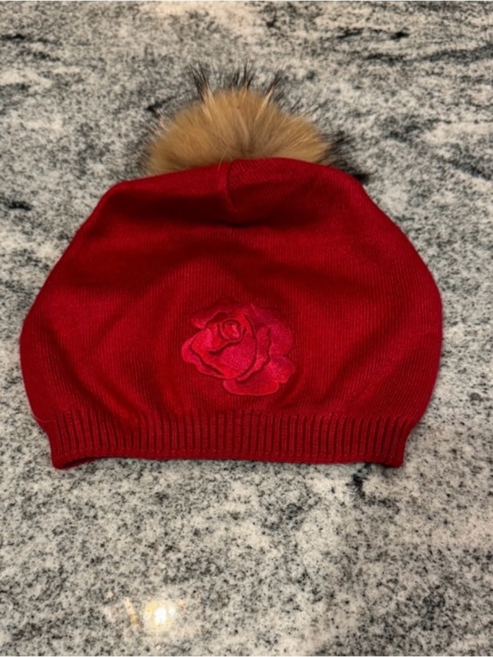 New Custom Designed Red Raspberry Slouchy Knit Pom Beanie with Embroidered Rose